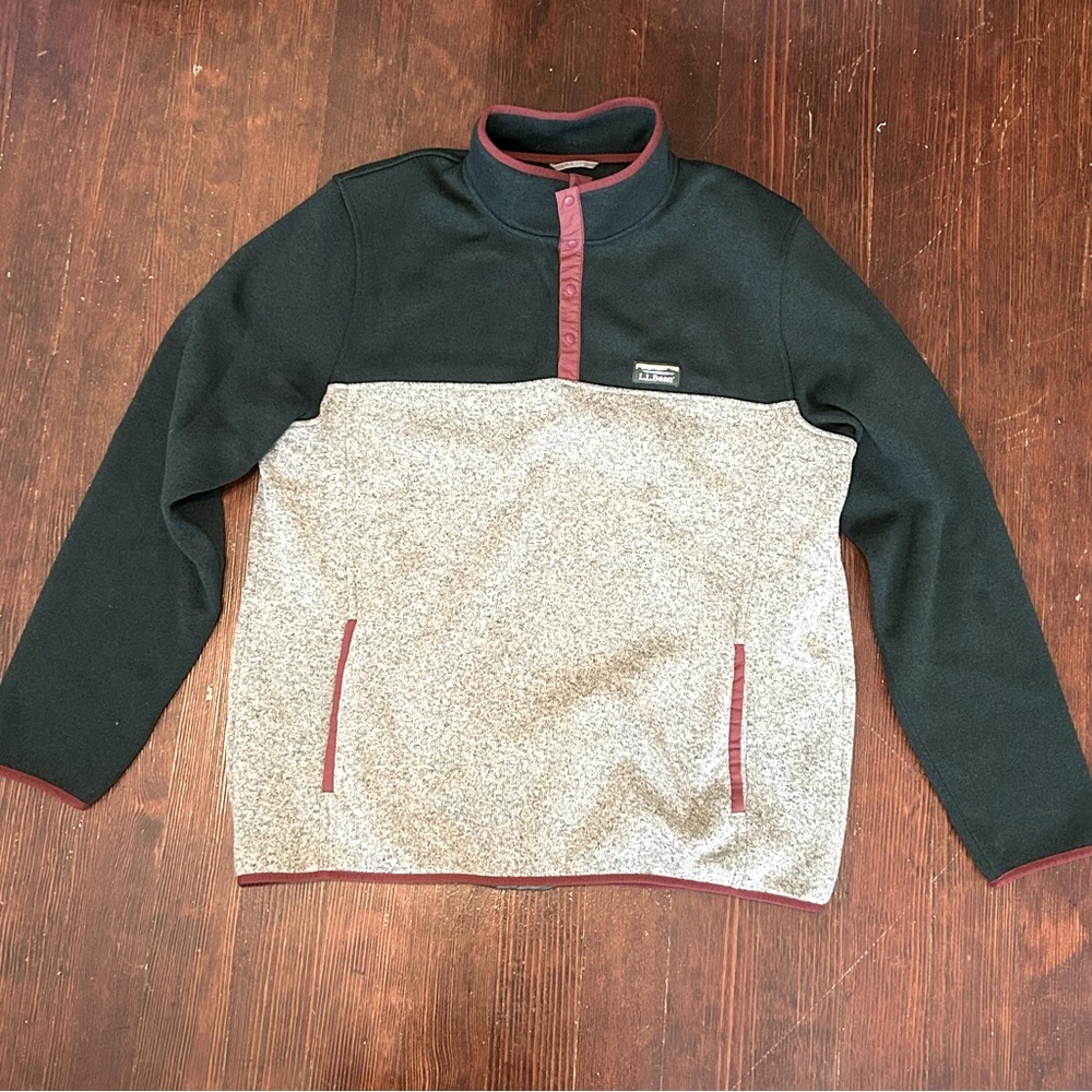 L.L. Bean / Men’s Fleece Pullover Sweater Quarter Snap Green & Cream XL Tall